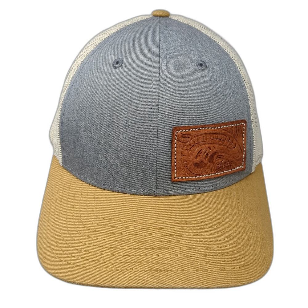 Richardson Trucker Hat Gray Brown Beige L Mesh Snapback Tooled Leather Patch 115